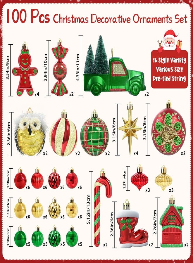 Dolicer 100 Pcs Christmas Ornaments Various Elements Christmas Tree Ornaments Set Red Gold Green Christmas Ball Ornament Shatterproof Hanging Decorations for Xmas Tree Holiday Party, Pre-Tied Strings - Image 2